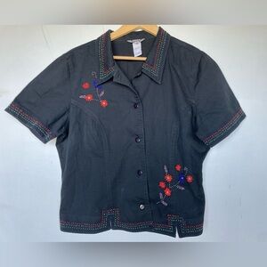 Stonebridge SZ16 Black Cotton Beaded Flowers Button Short Sleeve Collar